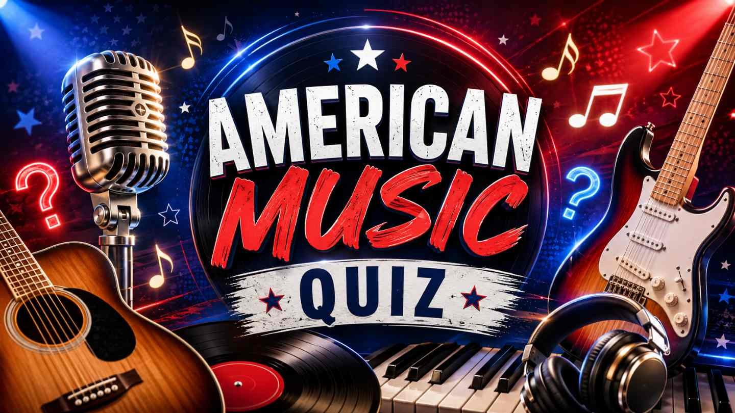 American Music Quiz with colorful music trivia theme featuring songs, artists, lyrics, and pop culture